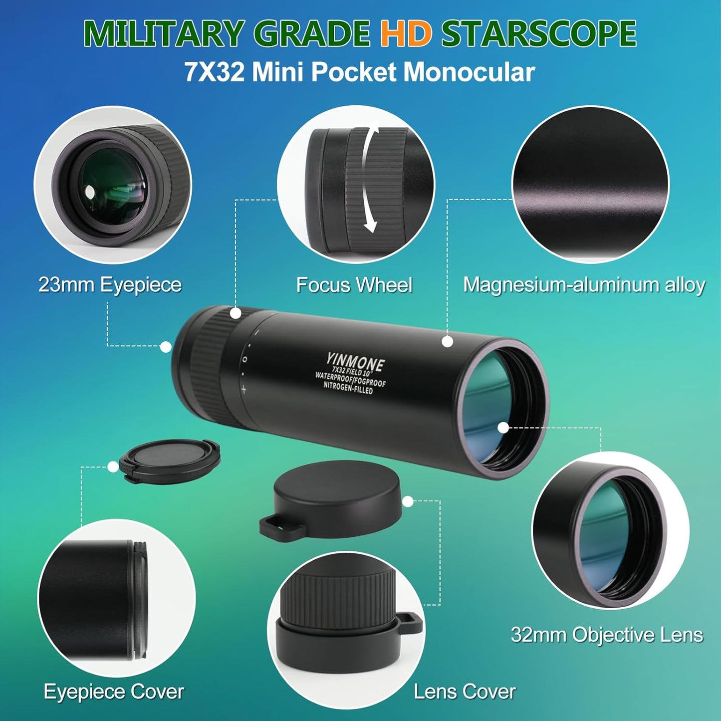 HD Small 7x32 Waterproof Monocular Handheld,with Clear Vision FMWC BAK4 Lens,Metal Body Heavy Duty Pocket Compact Monocular Telescope for Outdoor Hiking,Camping,Travel Bird Watching,Hunting,Man Gift