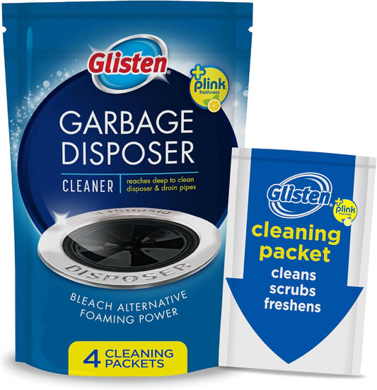 Glisten Garbage Disposer Cleaner and Freshener, Sink Disposal Odor Eliminator with Foaming Action, Lemon Scent, 4 Packets