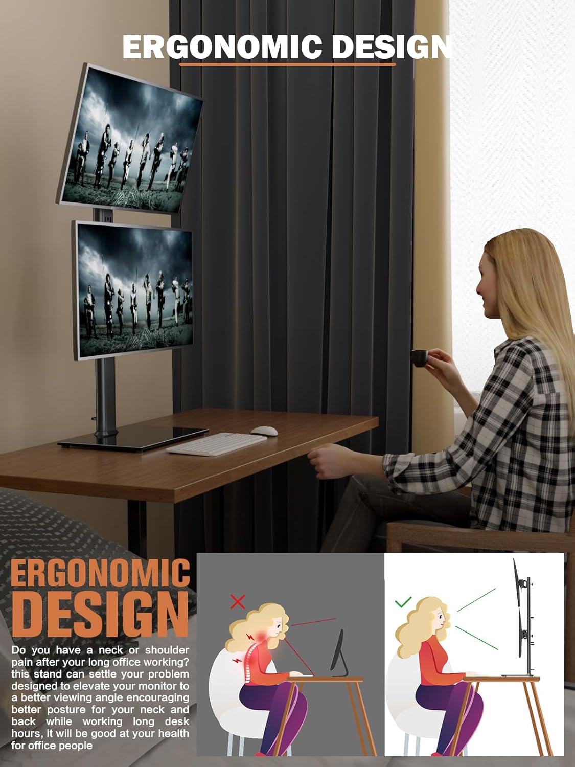 Dual Monitor Stand - Vertical Stack Screen Free-Standing Monitor Riser