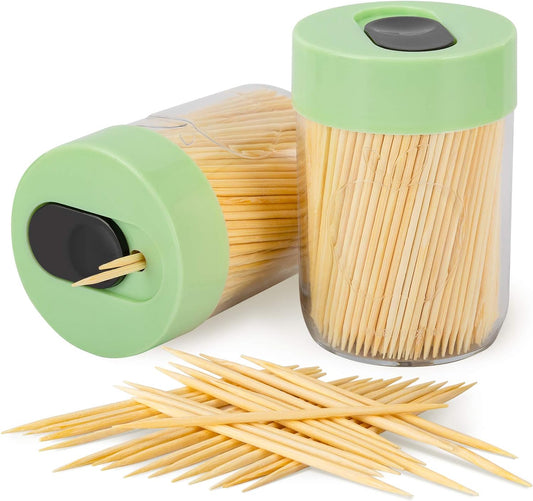 Urbanstrive Sturdy Safe Toothpick Holder with 800 Natural Wood Toothpicks for Teeth Cleaning, Unique Home Design Decoration, Unusual Gift, 2 Pack, Green