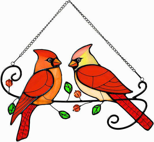 Cardinal Bird Stained Glass Window Hanging, Sun Catchers Indoor Panel, Nautical Suncatcher Decor for Home, Wall, Garden, Coastal Ornament, Gift for Women and Mom