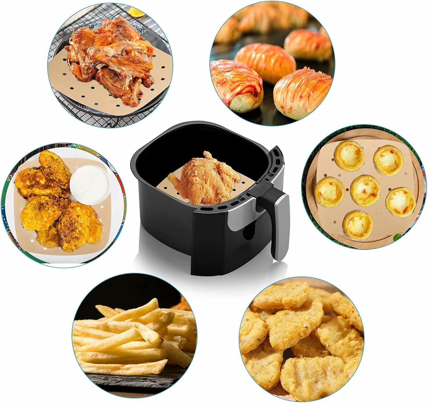 Air Fryer Parchment Paper Liners: 200PCS 8.5 inch Square Perforated parchment paper for Air Fryer, Premium Bamboo Steamer Liner for Air Fryers Baking Cooking Oven