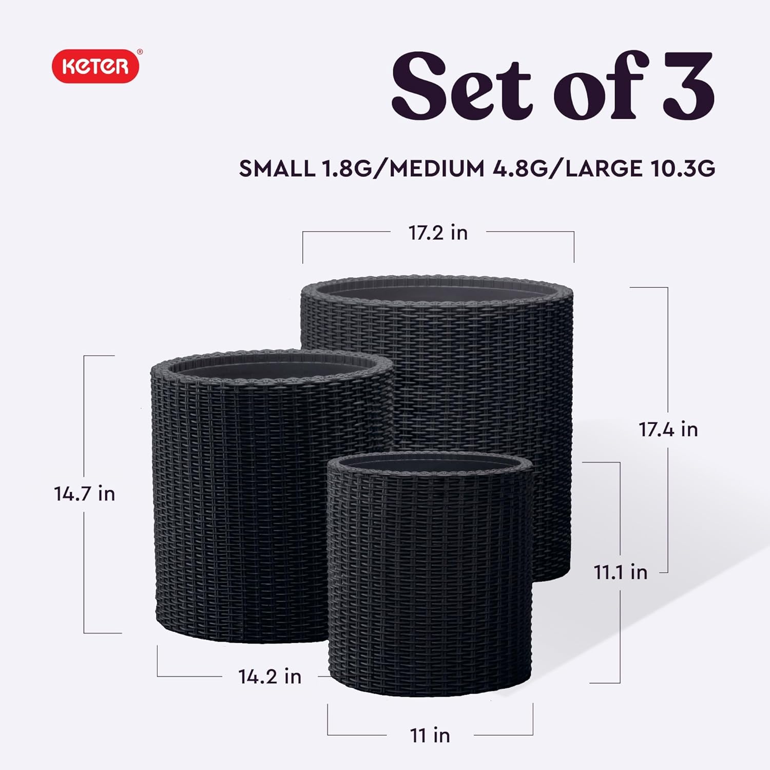 Keter Cylinder Set of 3 Rattan Resin Planter for Indoor and Outdoor Pl