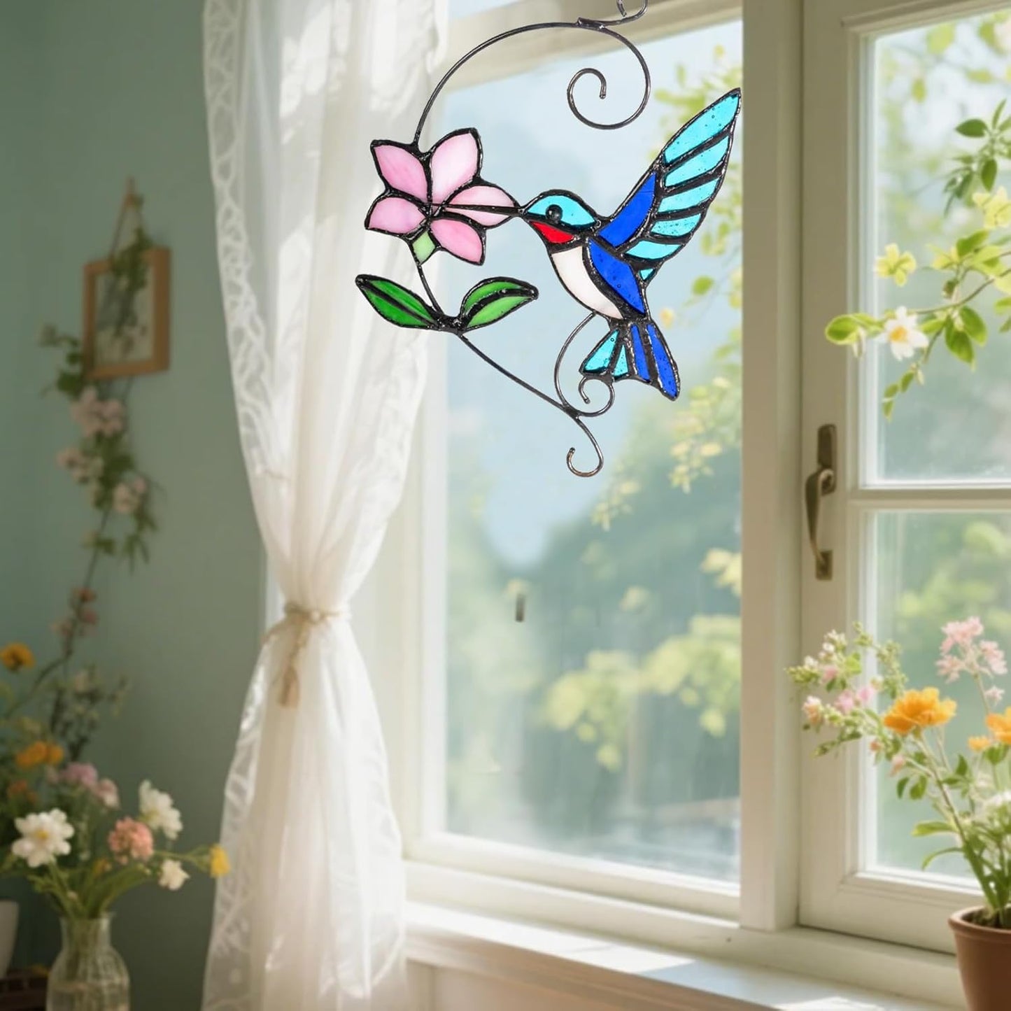 Blue Hummingbird Stained Glass Suncatcher with Flower, Handmade Window Hanging Light Catcher Bird Decor for Home & Garden, Glass Ornament Gift for Mom, Grandma & Nature Lovers