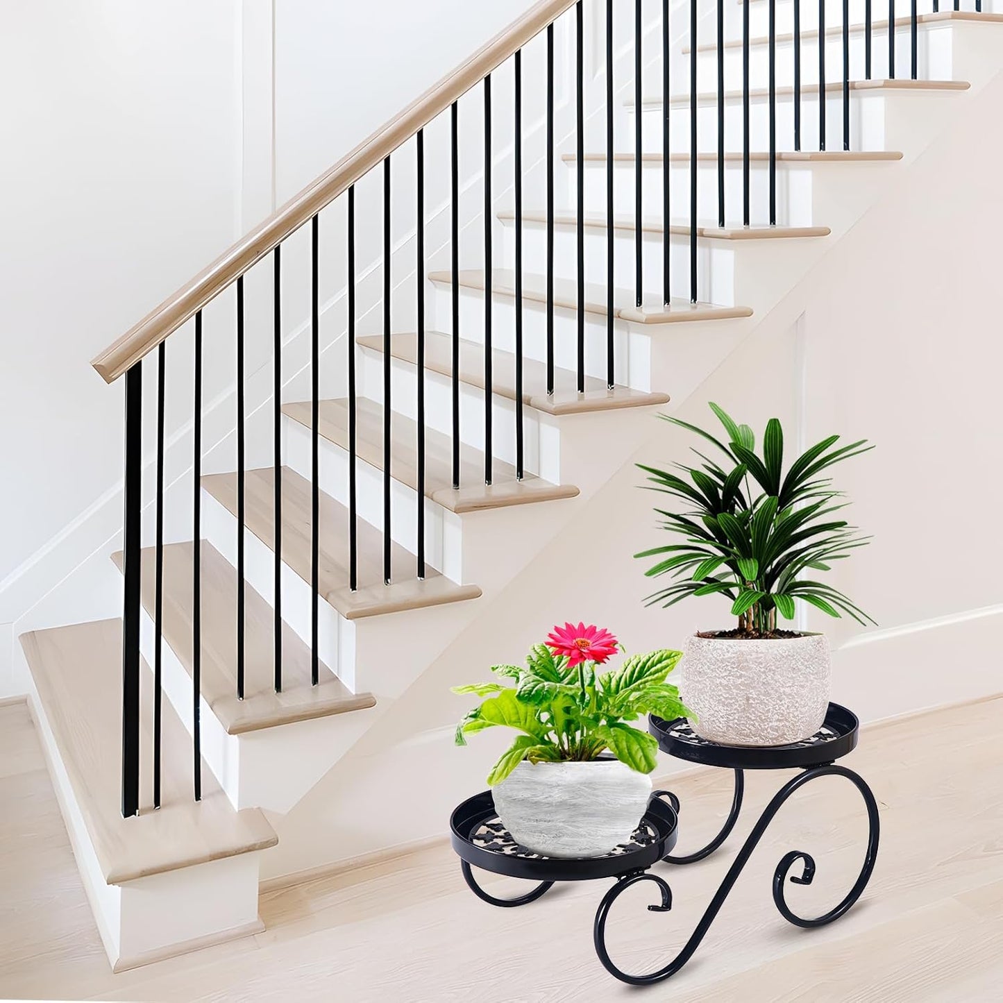 2 Tier Black Plant Stand, Metal Flower Stand Indoor Outdoor, Anti-Rust