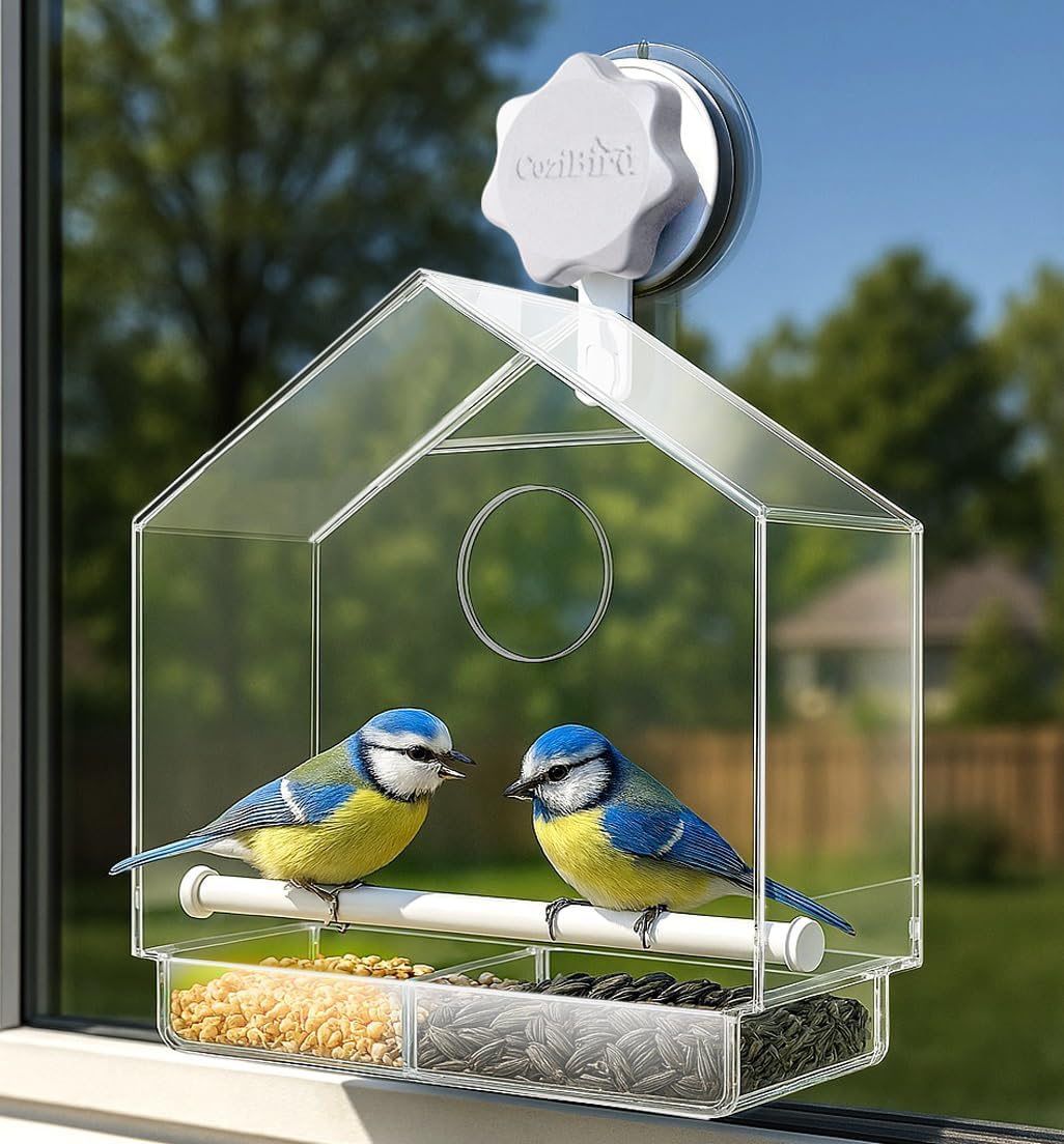 Window Bird Feeder with Ultra Strong Suction Cup - Large Clear Acrylic Weatherproof Birdhouse (Heavy Duty Suction Grip)