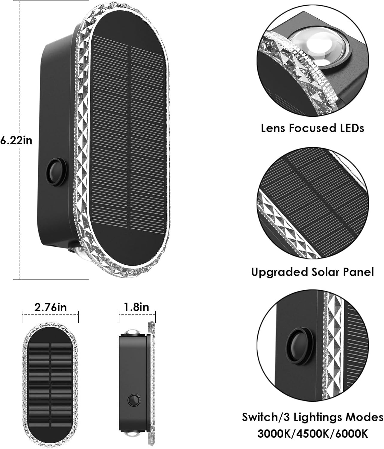 Solar Fence Lights Outdoor - 3000/4000/6000K 3 Modes, IP65 Waterproof 