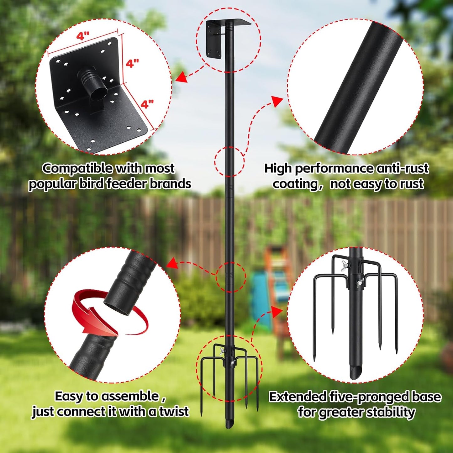 Bird Feeder Pole, 60 Inch Bird Feeder House Pole Stand for Outdoors Heavy Duty Outside Buddy Accessories with 5-Pronged Base, Matte Black, 2 Pack