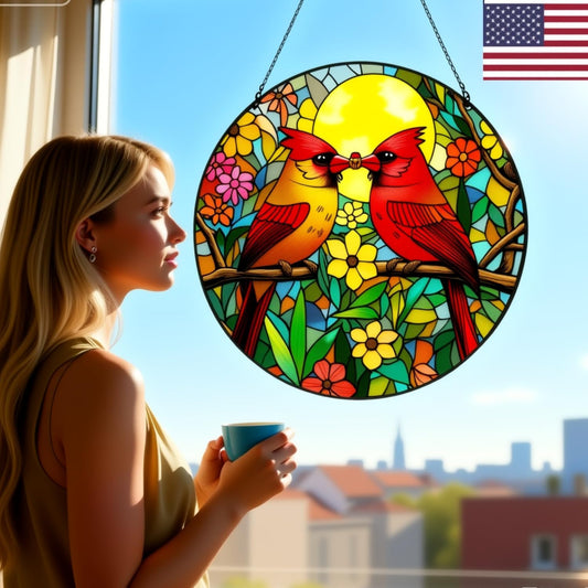 Cardinal Stained Glass Suncatcher - Red Bird Sun Catcher, Painted Glass Panel Decor, Sun Catchers Indoor Window, Gift for Bird Lovers, Mom, Grandma, 6.31IN