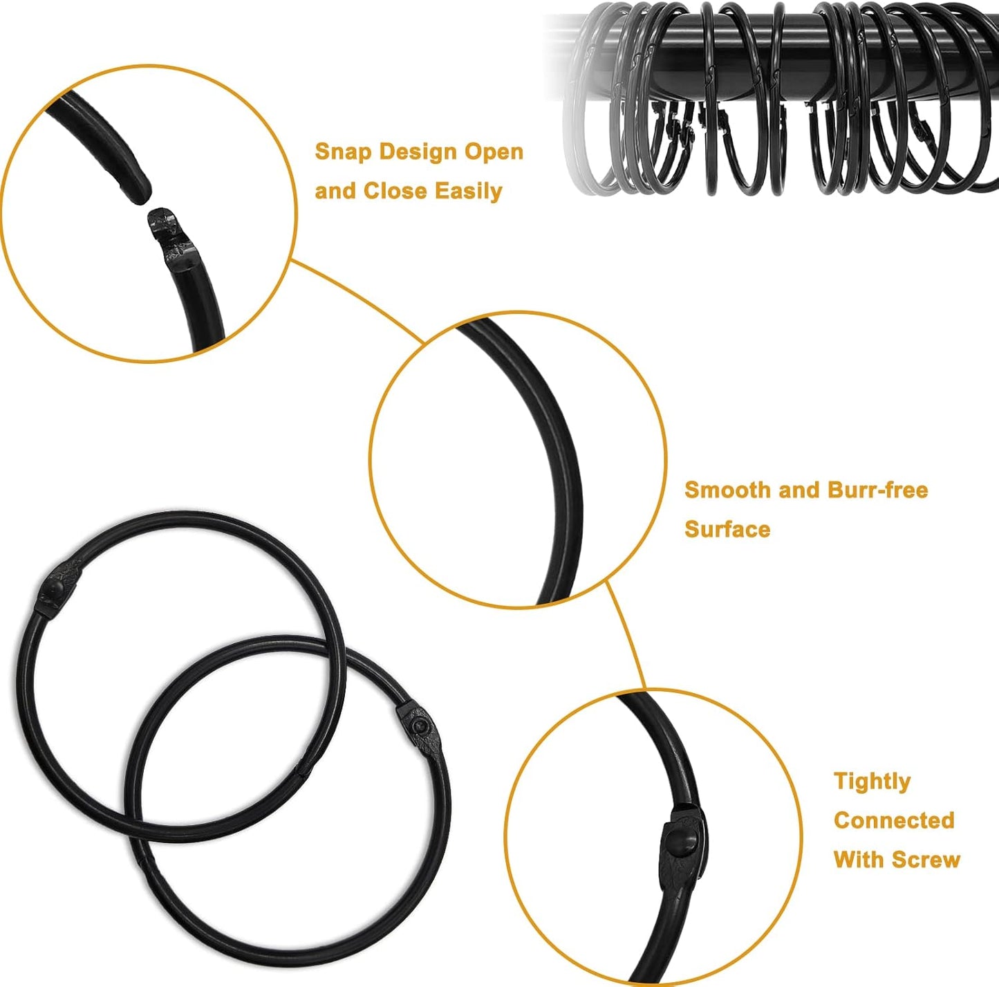 Shower Curtain Hooks Rings,24 Pcs Rustproof Metal Shower Hooks for Shower Curtain,Glide Smoothly Round Shower Rings for Curtain,Shower Curtain Rings for Bathroom Shower Rod,Snap Joint Design (Black)