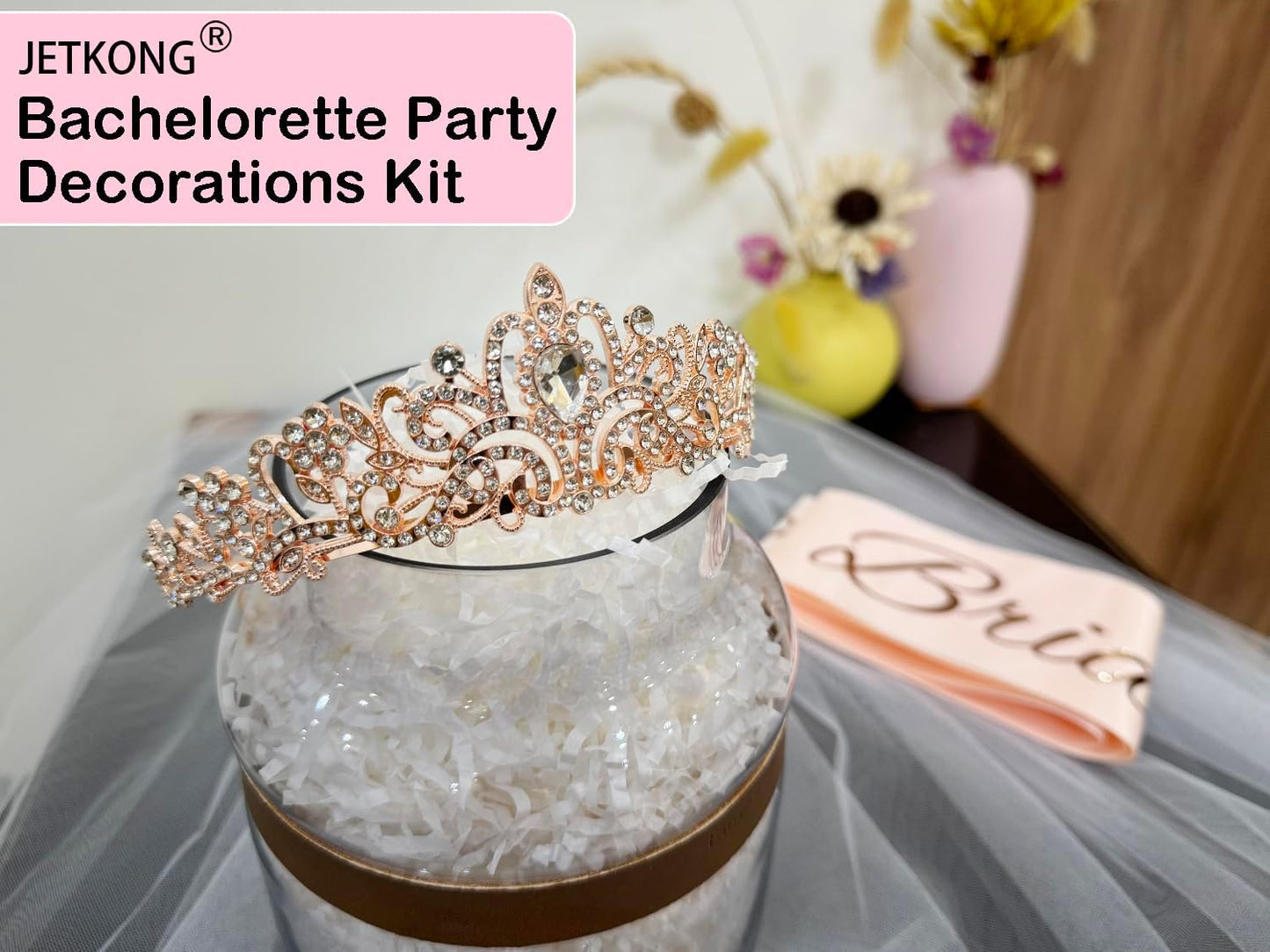 3 Packs Bachelorette Party Decorations Kit, Bridal Shower Crown/Tiara, Bride to Be Sash&Veil for Women Bachelorette Party Gifts, Bridal Shower Party Supplies (Rose Gold)