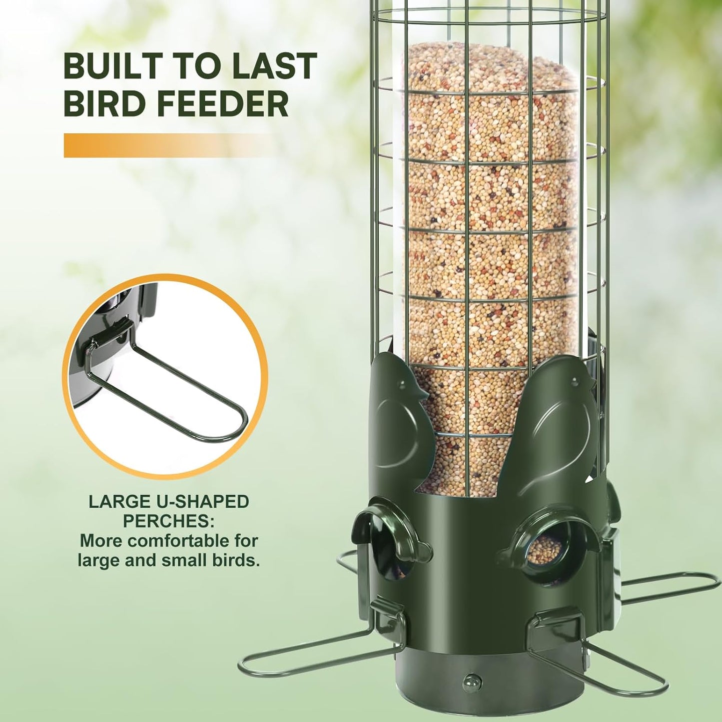 Squirrel Proof Bird Feeders for Outdoor Hanging, Weight Activated Metal Mesh Wild Outside Bird Feeder, 3LB Large Capacity Birdfeeder for Finch Cardinal Chickadee, Green