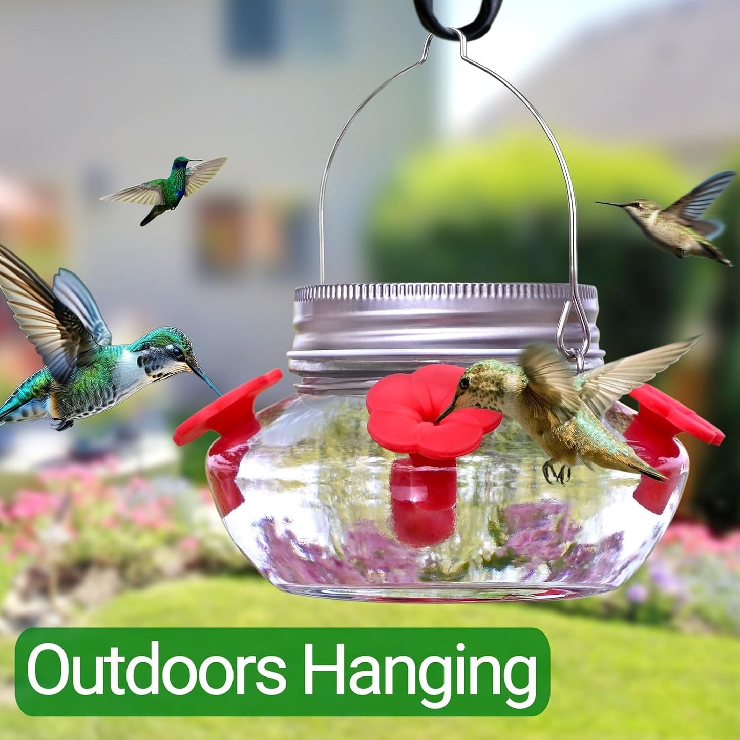 Glass Hummingbird Feeders for Outdoors Hanging, Cute Mason Jar Shape with 4 Silicone Flower Feeding Ports, Top Fill Leak Proof Easy to Clean and Refill, Humming Bird Feeder for Outside Garden