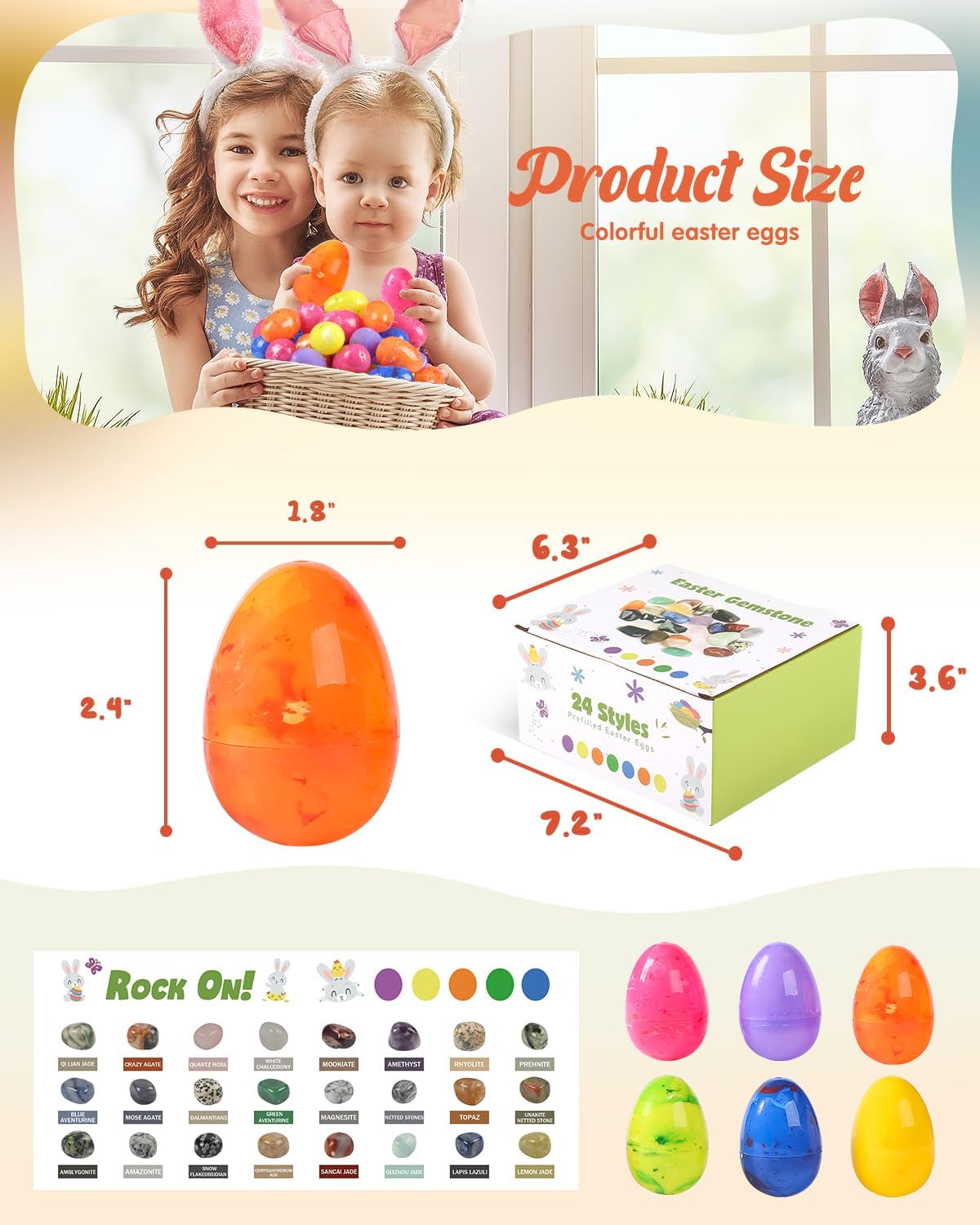 Filled Easter Eggs Fillers Stuffers Set, 24 Pack Prefilled Easter Eggs & Gemstones - Perfect for Kids & Teens Easter Egg Hunt, Party Favors, Classroom Prize Supplies