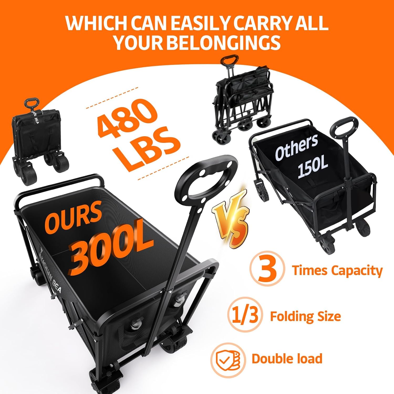300L Large Collapsible Wagons Carts with Big All-Terrain Beach Wheels,