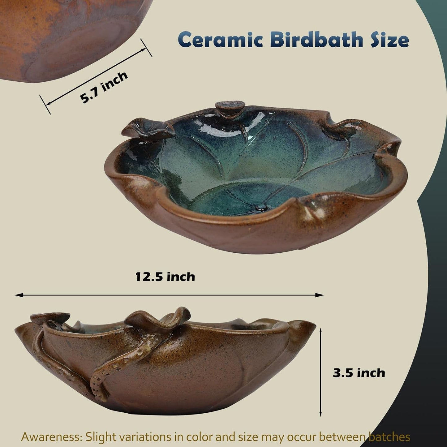 Ceramic Bird Bath and Feeder, Heavy Duty 12.5-Inch Ground Feeding Bowl, Wildlife Water Station for Squirrel Rabbit Bird Bee - Garden, Yard, Balcony Décor