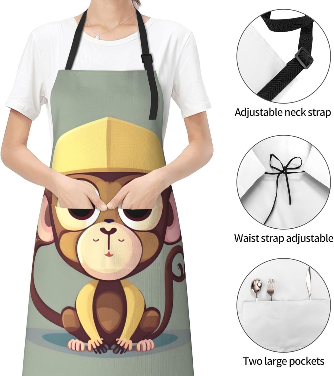 Cute Monkey Print Laundry apron 28x33 In Waterproof Kitchen Apron with Pockets for Cooking Baking