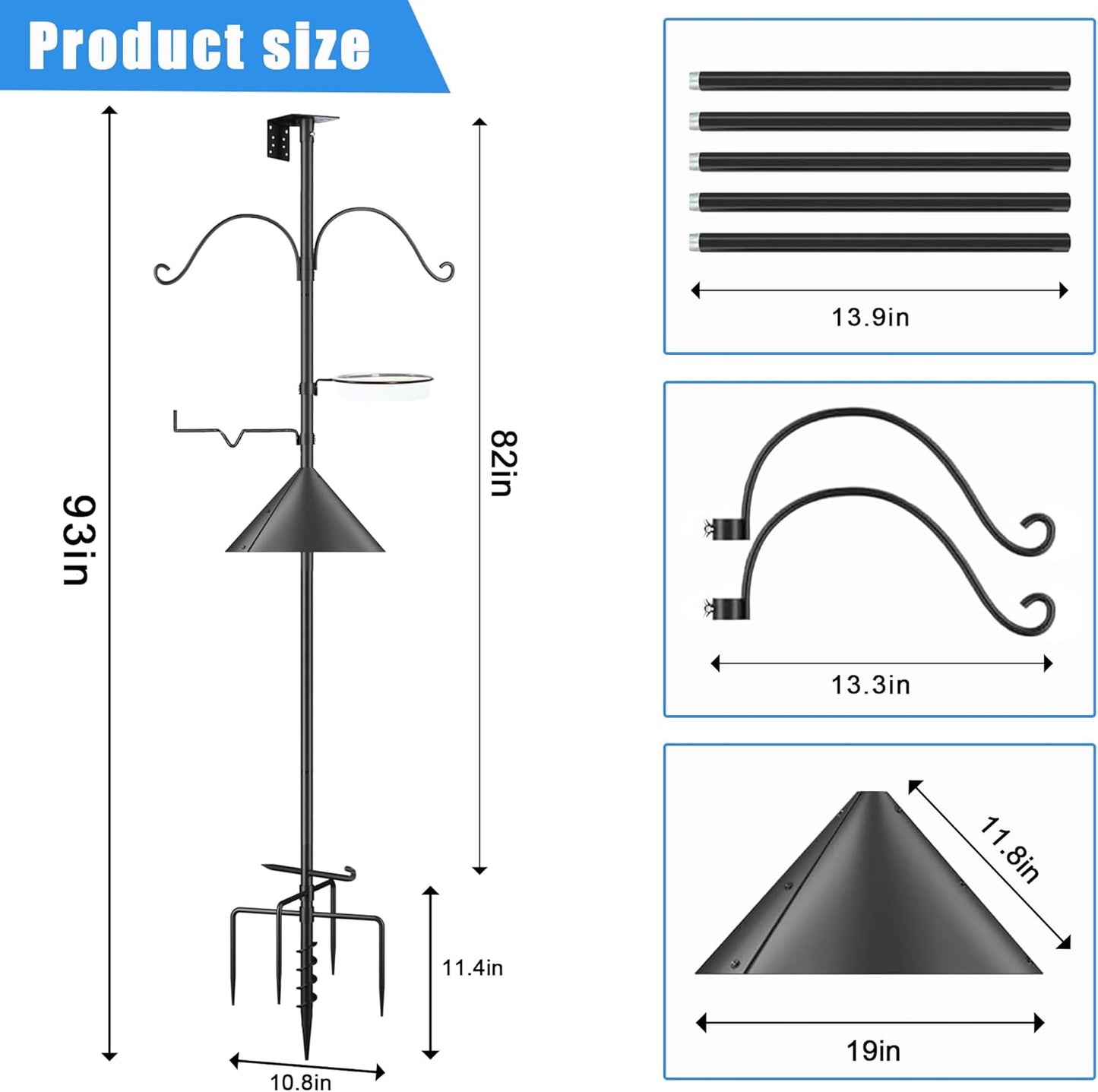 Bird Feeder Pole Squirrel-Proof, 93 Inch Heavy Duty Bluebird House Pole Kit for Outdoor Garden, Feeder Stand Adjustable with 5-Prongs Base for Hanging Plants, Bird Feeders (Shape 1)