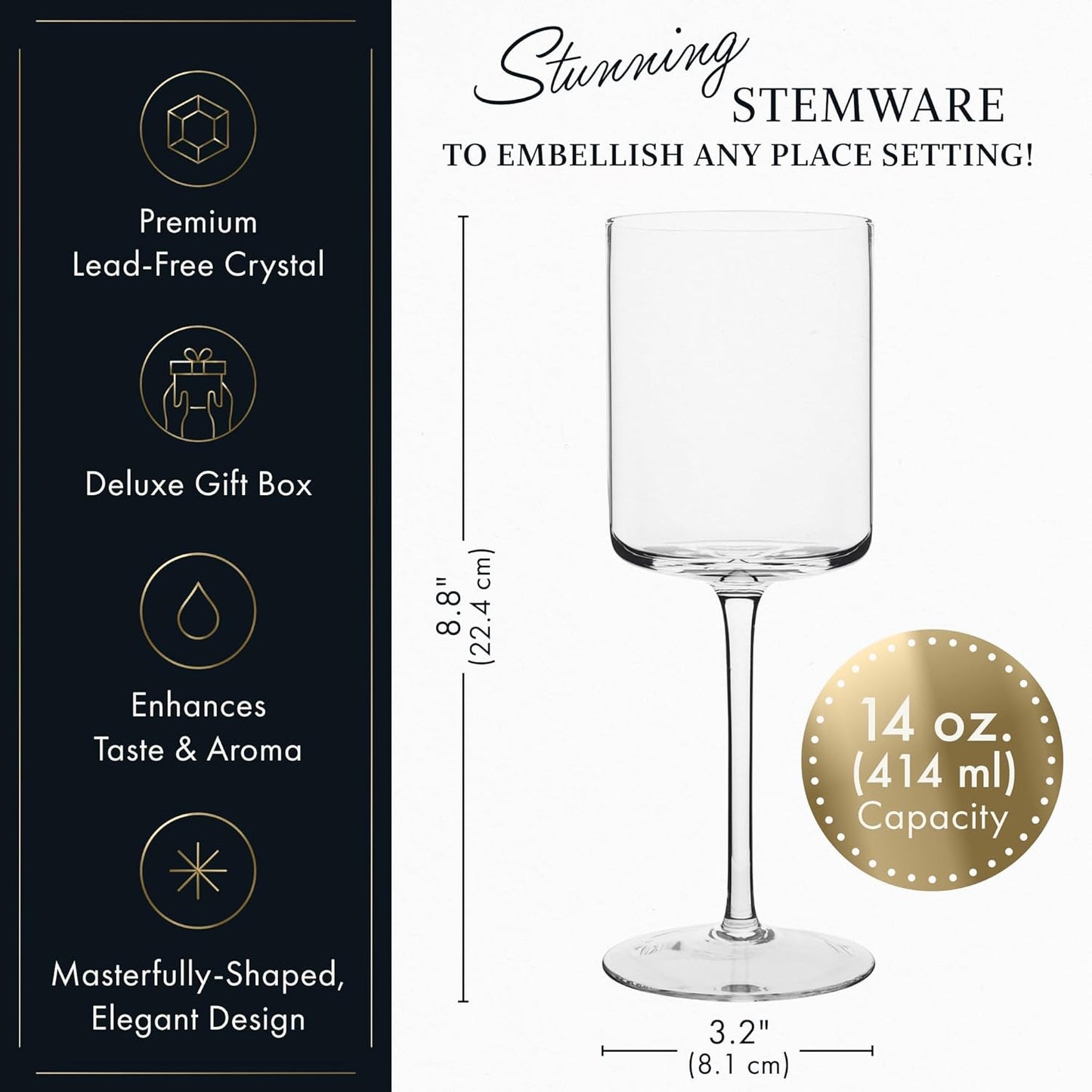 ELIXIR Premium Square White & Red Wine Glasses Set of 4-14oz - Unique 