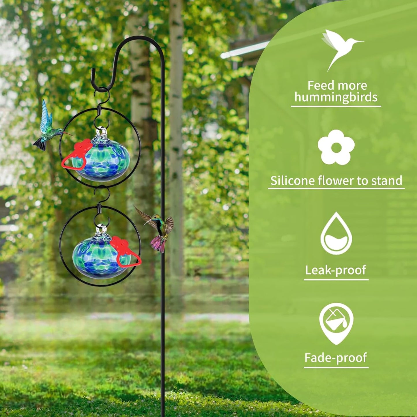 2 Pack Hummingbird feeders for Outdoors Hanging with Iron Hook,Hand Blown Glass Hummingbird Feeder with 2 Adjustable Silicone Perch,Never Leak,Gardening Gifts for Woman Man(Blue)