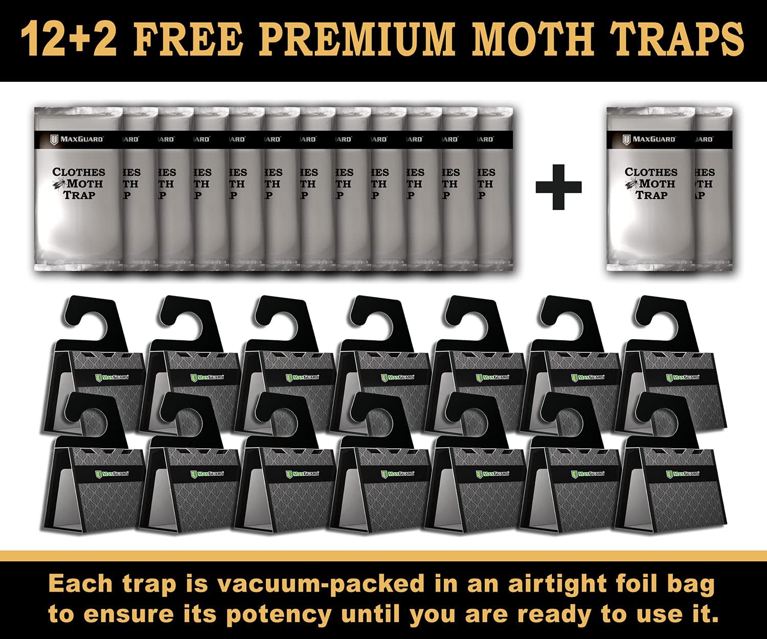 MaxGuard Clothes Moth Traps (12+2 Free Traps) Extra Strength Pheromone