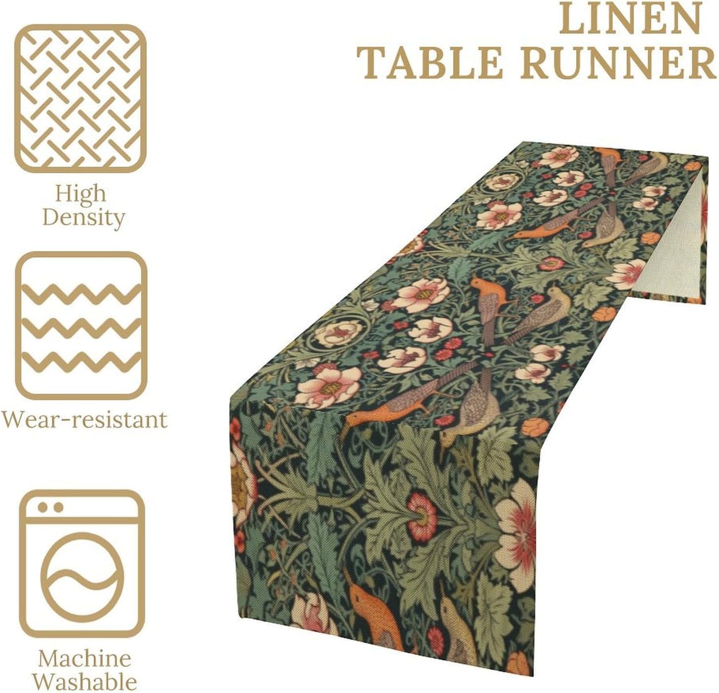 William Morris Table Runner, Vintage Rustic Green Old Flower Flower Plant Leaf Nature Bird Table Decor Tabletop Dining Kitchen Wedding Party 13x90 Inch