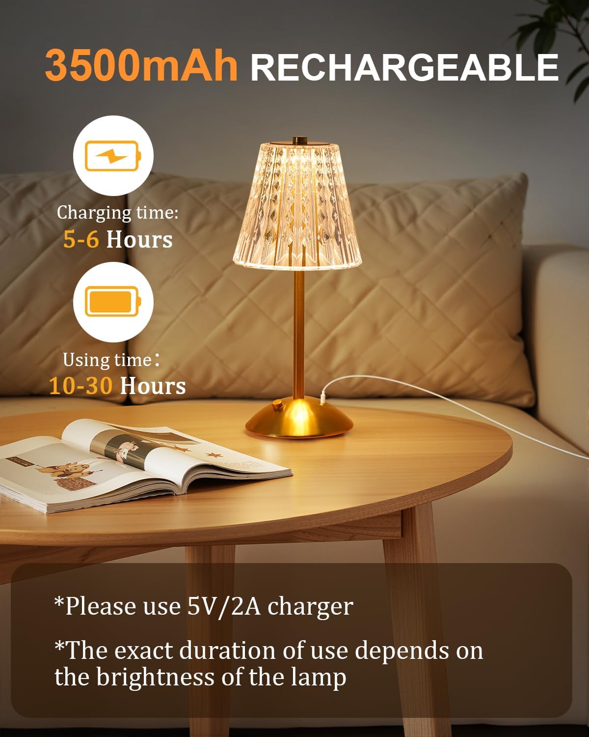 Cordless Touch Table Lamp, 3500mAh LED Rechargeable Small Dask Lamp, 3 Colors Dimmable Battery Operated Crysta Lamp for Bedroom Restaurant Kitchen Home Decor, Gold