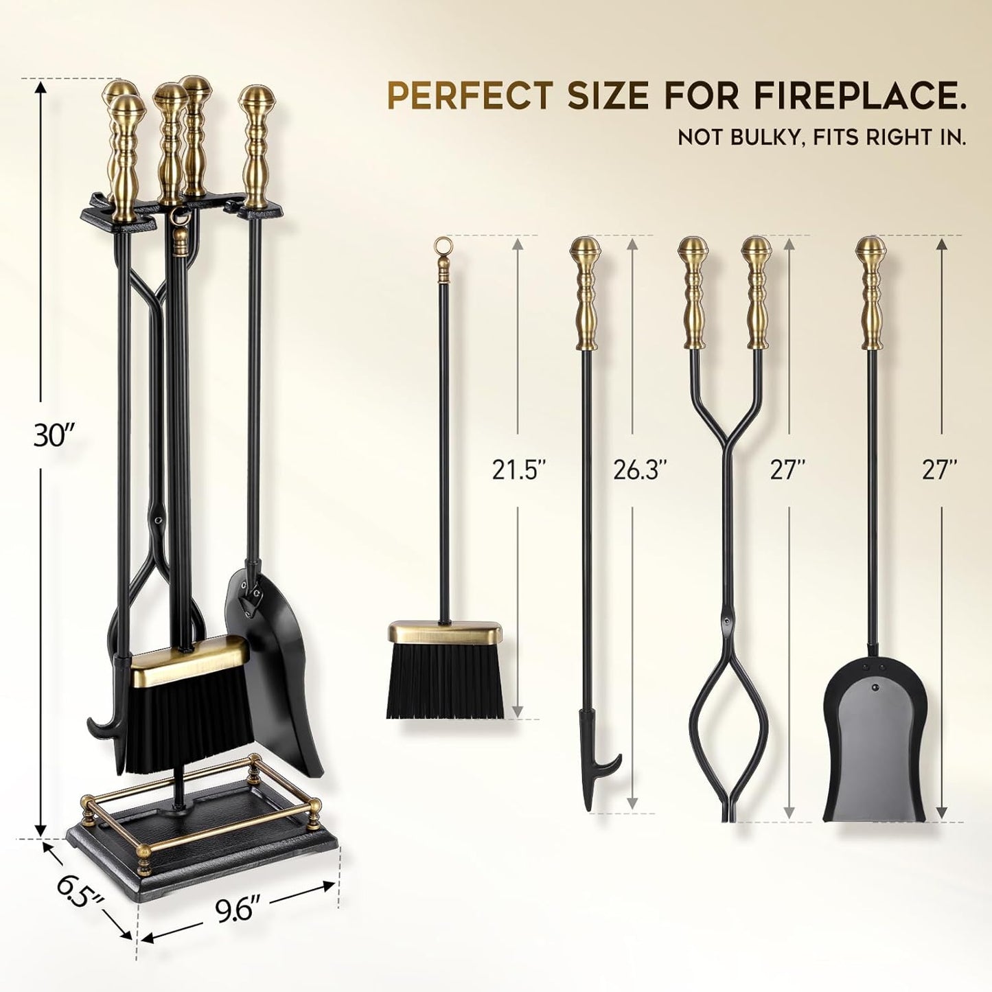 FEED GARDEN Fireplace Tools Set 5 Pieces Modern 30 Inch Outdoor Wrought Iron Fireplace Elegant Brass Handles Accessories Set with Poker, Tongs, Shovel, Brush, Base