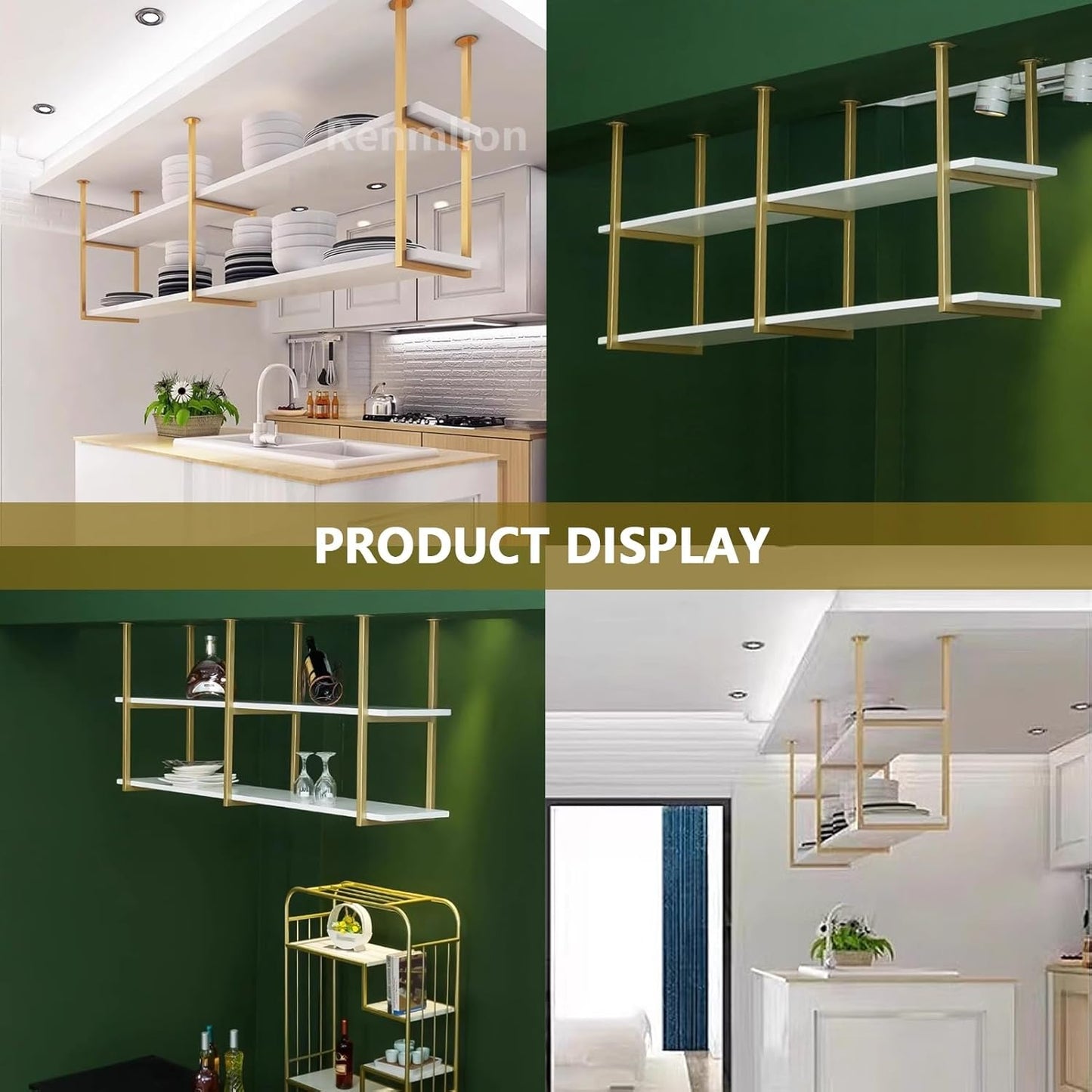 Ceiling Hanging Shelves, Gold 2 Tiers Shelf Floating Kitchen Pot Pan S