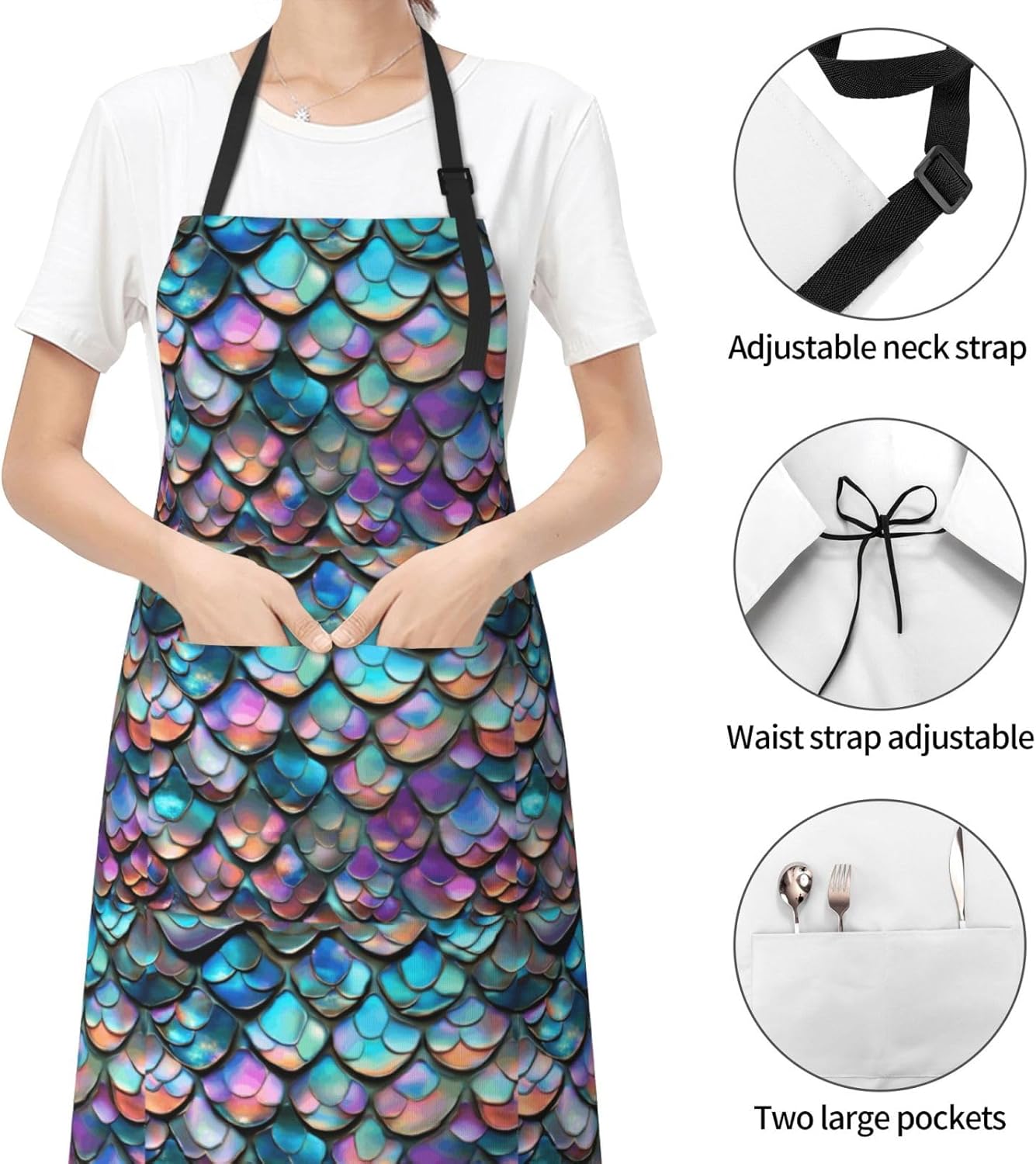 YANYU Mermaid Scale Print 28x33 In Kitchen Apron Stylish Chef Apron wi