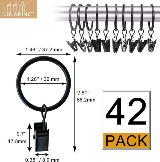 42 Pack Curtain Rings with Clips 1.26" Interior Diameter,Metal Drapery Ring with Clips Compatible with up to 1 inch Drapery Rod,Strong Vintage Decorative Rustproof Drapery Ring with Hooks(Black)