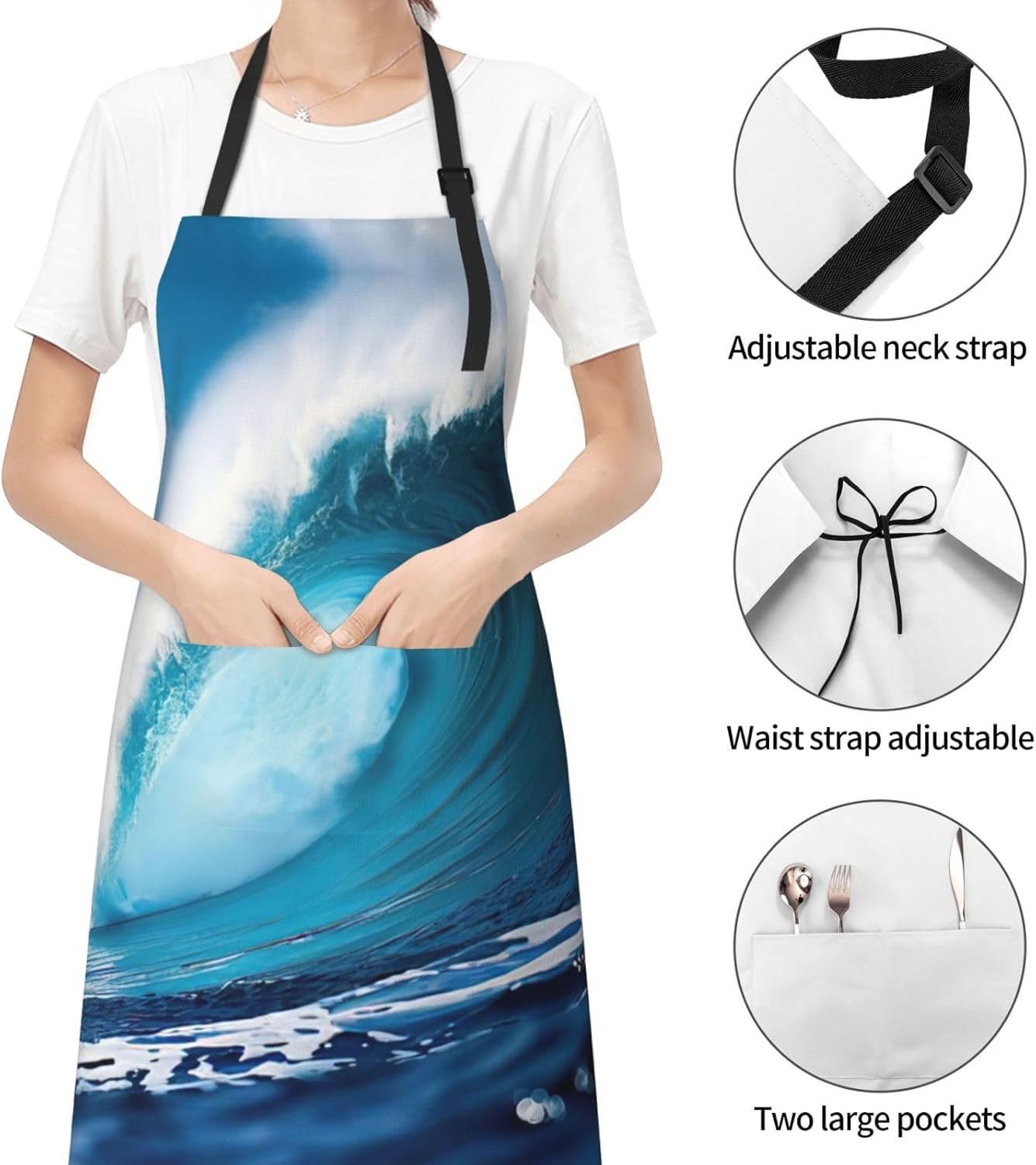 Big Ocean Wave HD print Waterproof chef's apron with pocket apron for kitchen cooking baking barbecue and gardening