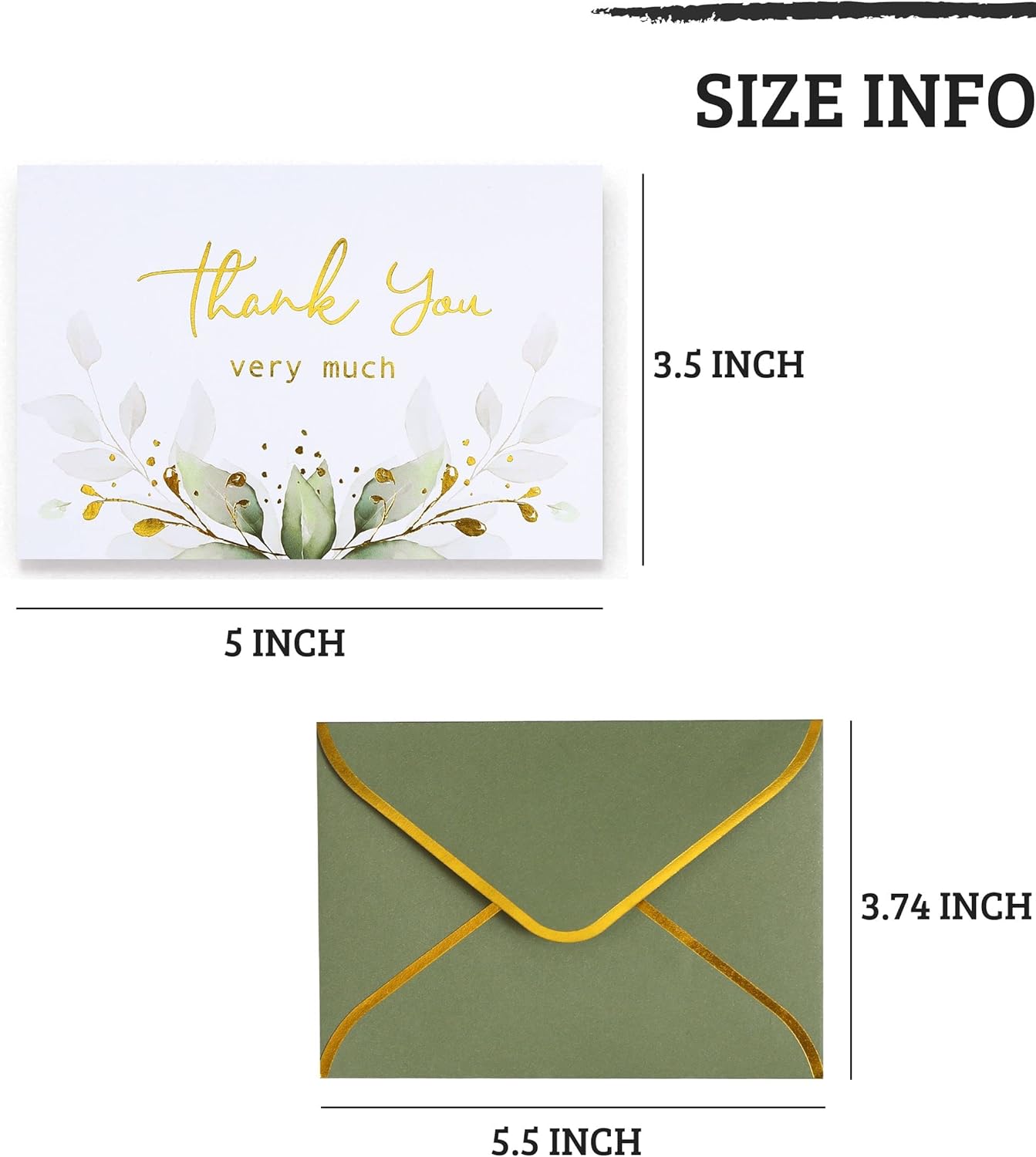 Winoo Design 100 PK Luxurious Gold Thank You Cards with Envelopes Bulk Sage Green - 5x3.5 Inches Wedding Thank You Notes Baby Shower Greenery Bridal Shower Small Business