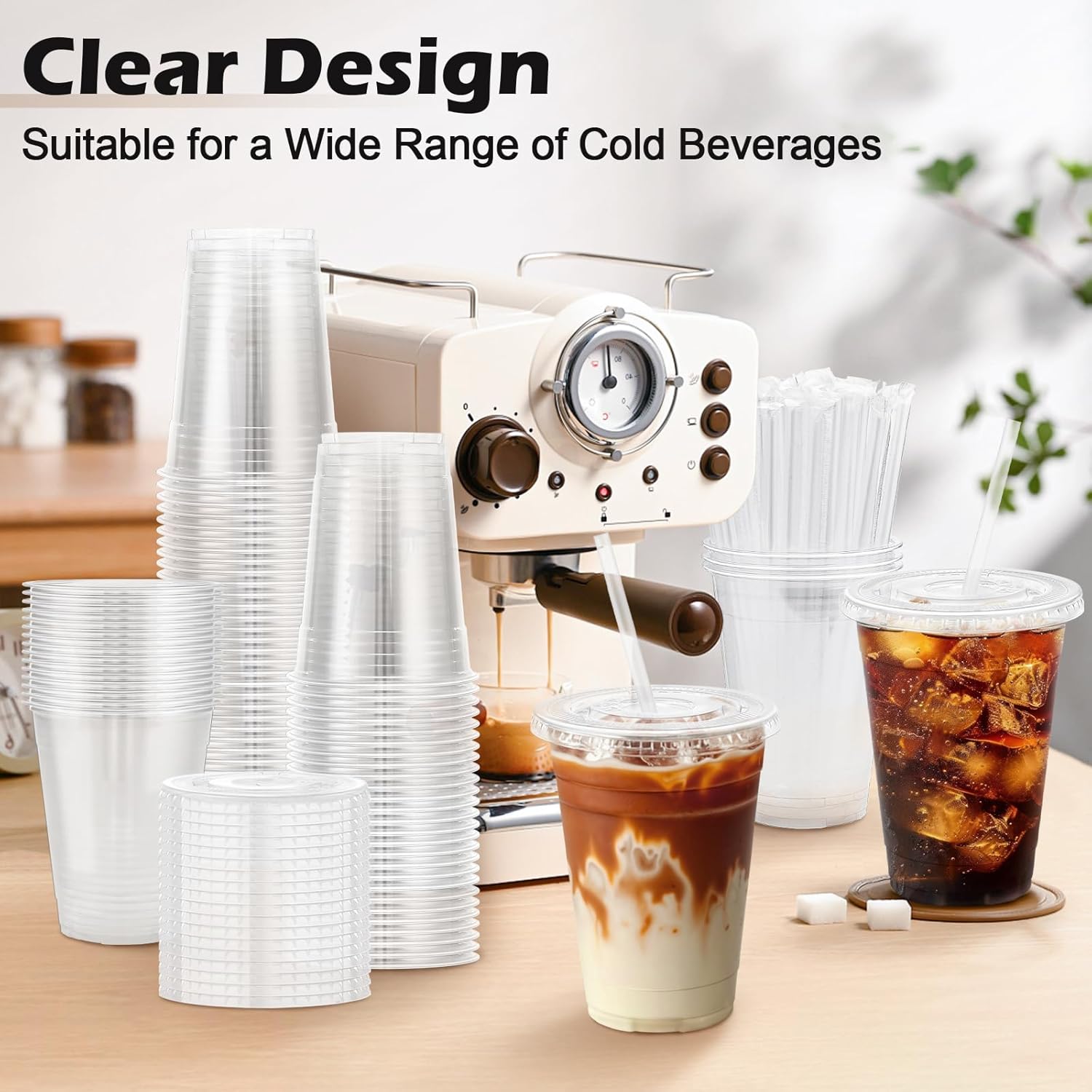 Lamosi 100 Pack 16 oz Clear Plastic Cups with Lids and Straws, Disposa