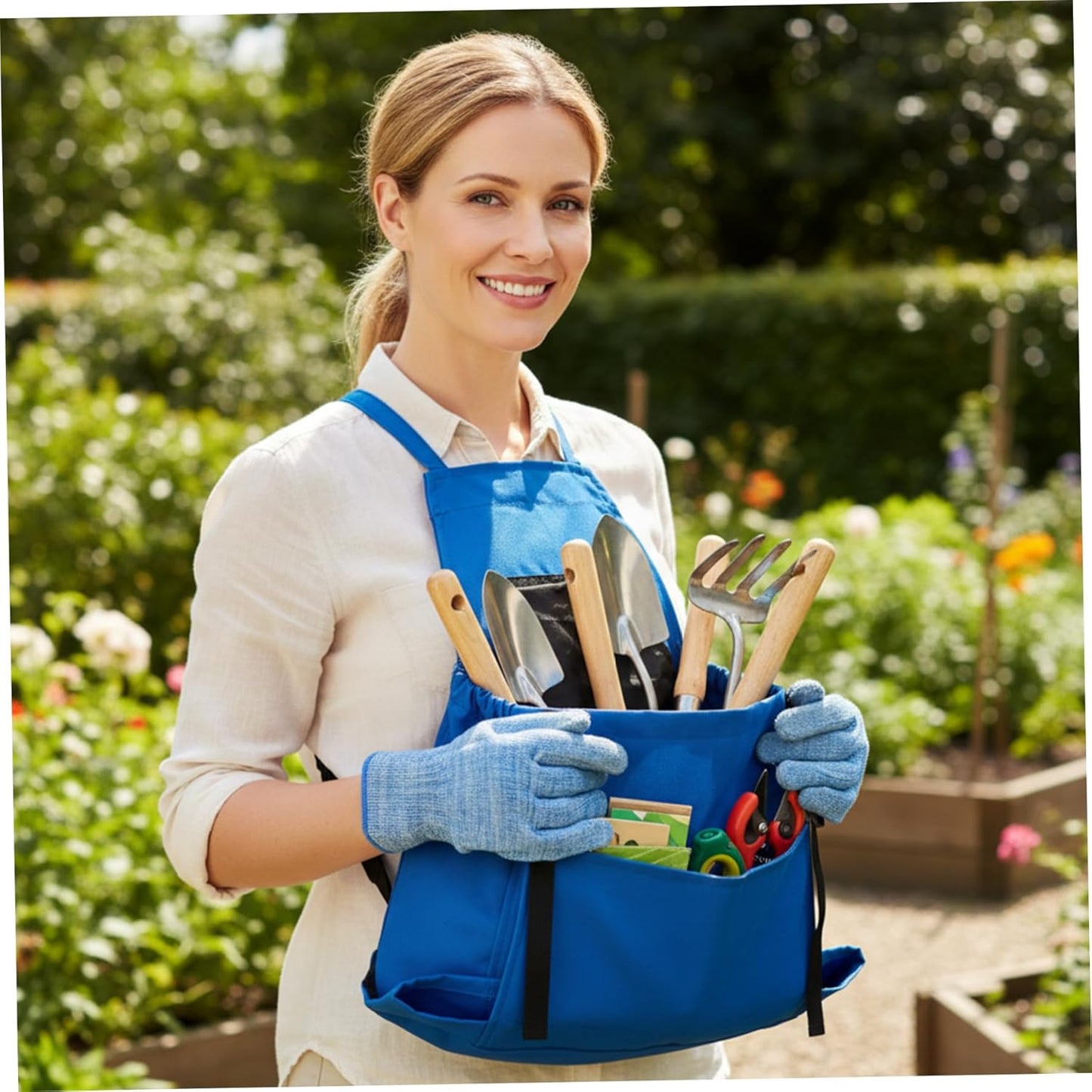 Garden Apron, Large Capacity Quick Release Apron with Pockets Waterproof Adjustable Gardening Tool for Women & Men, Blue, Decoración al aire libre