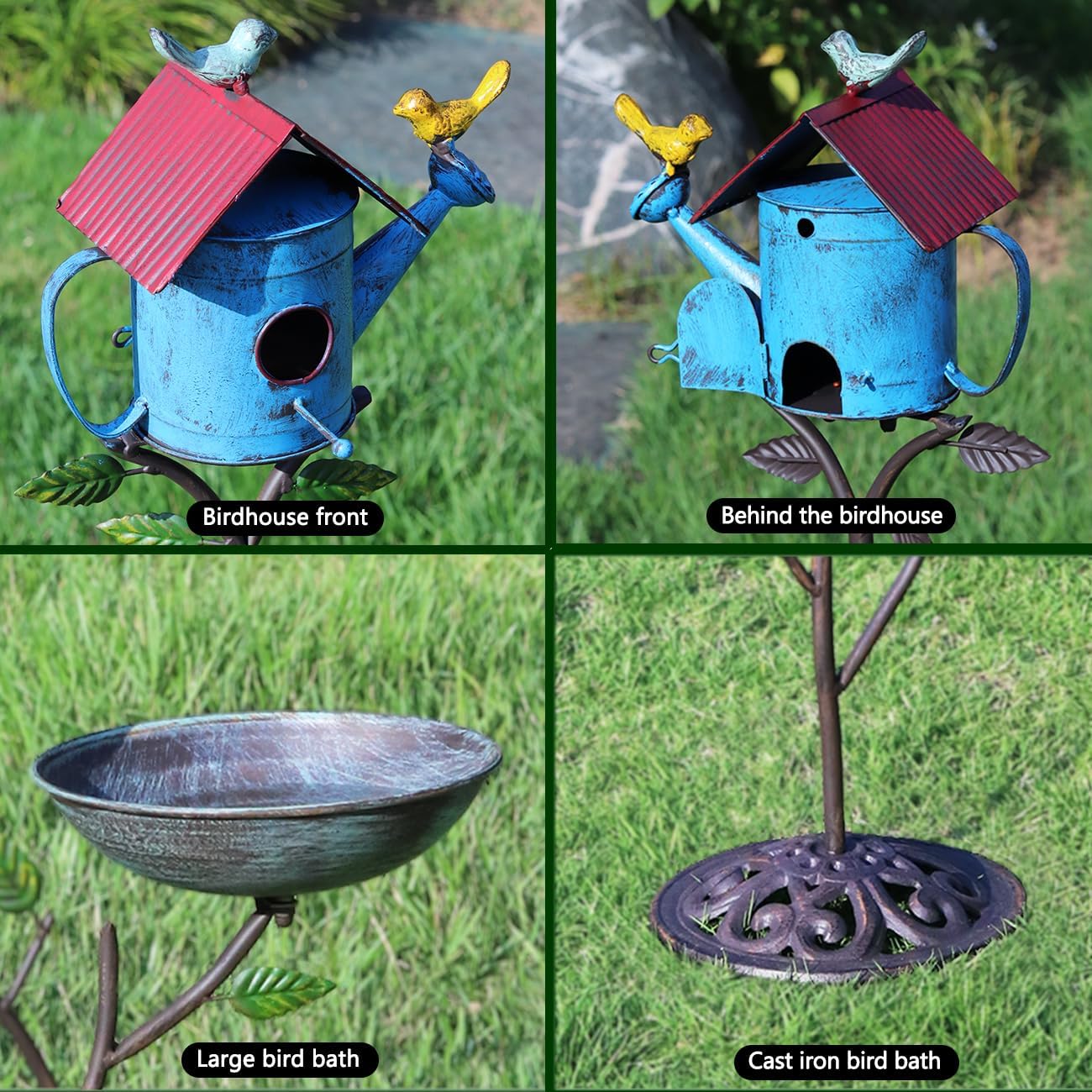 Metal Birdhouse Outdoor, Birdhouse Pole – Integrates Bird Feeder and Bird Bath, 3-in-1 Multi-Functional for Yard Decorations Outdoor, Cast Iron Base