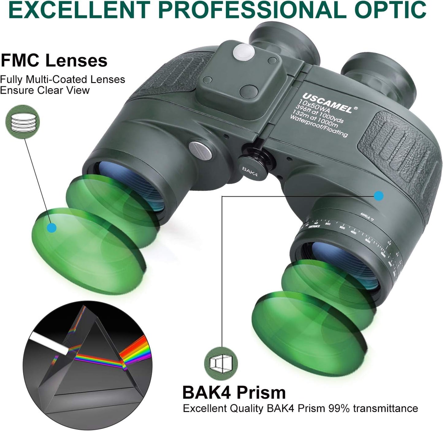 USCAMEL 10X50 Marine Binoculars for Adults with Rangefinder Compass, Waterproof Marine Binoculars for Sailing Boating Fishing