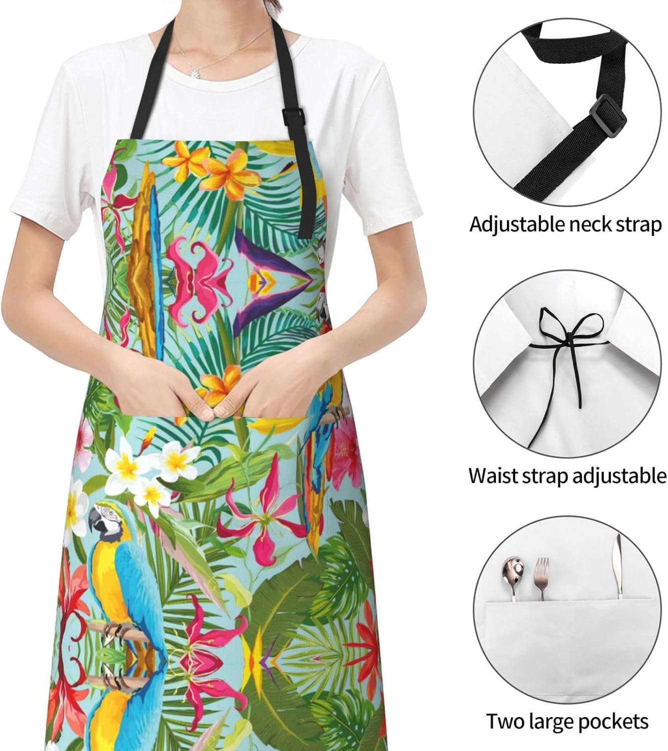 Tropical plants and parrots Print 28x33 In Adult Kitchen Apron with Pockets Versatile Chef Smock for Cooking Baking