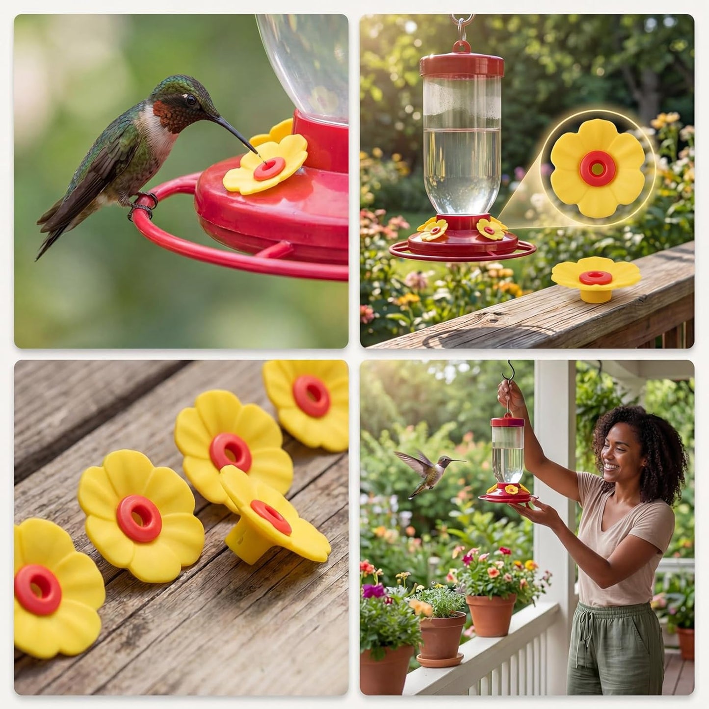 16Pcs Hummingbird Feeders Replacement Flowers with 2 Cleaning Brushes, Pet Hummingbird Feeder Parts Feeding Ports Bird Feeder Replacement Parts Accessories for Outdoor Hanging Feeders(Yellow)