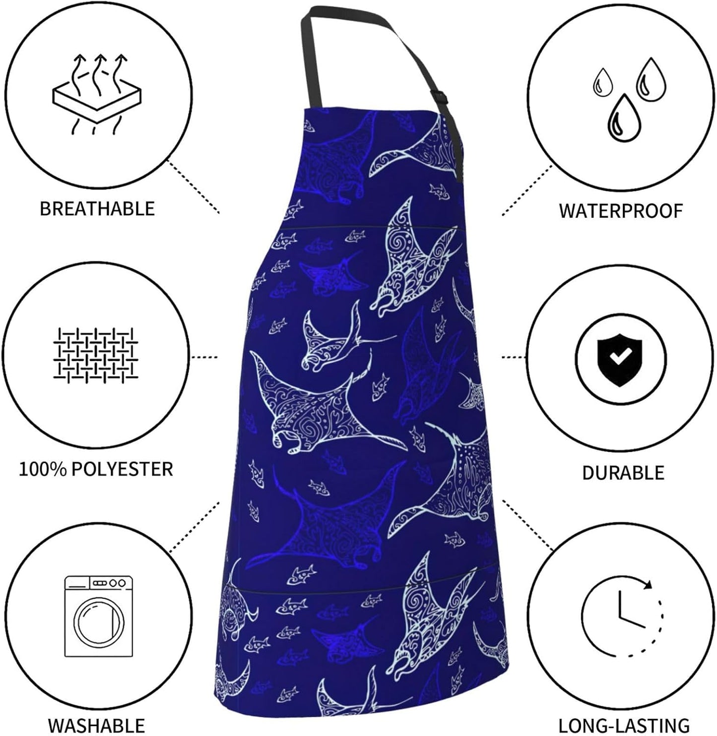 Manta Ray and Fish print Waterproof apron with pocket adjustable cooking apron for adult kitchen bibs to bake