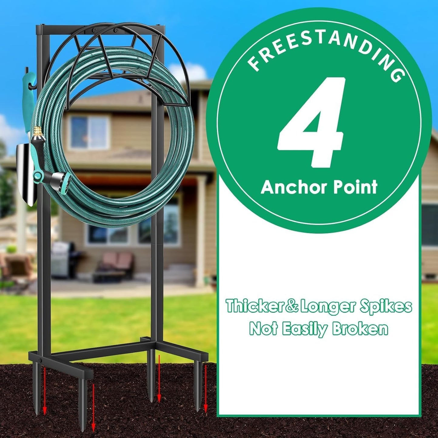 TomCare Garden Hose Holder 4 Spikes Garden Hose Reel Hose Stand Upgrad