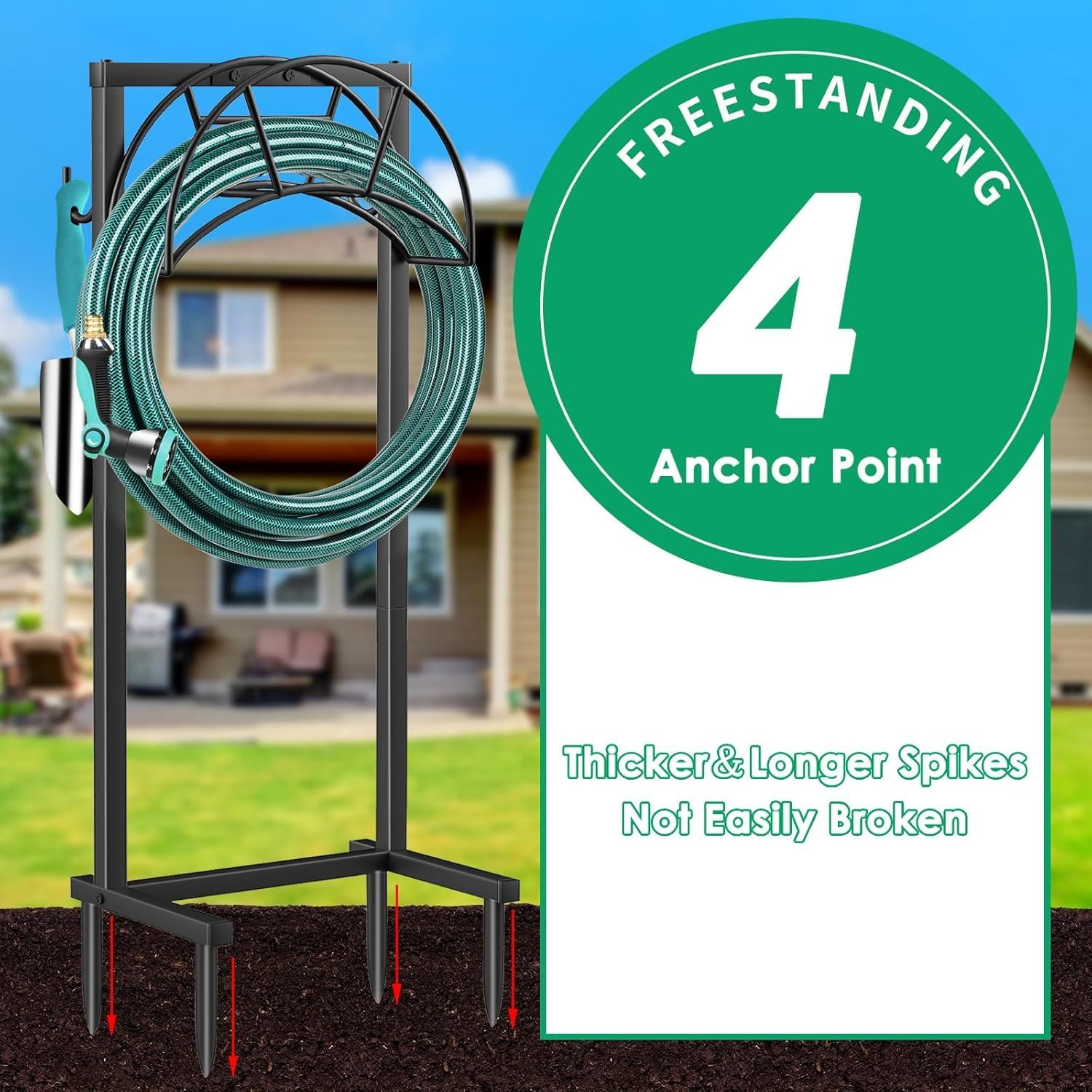 TomCare Garden Hose Holder 4 Spikes Garden Hose Reel Hose Stand Upgrad