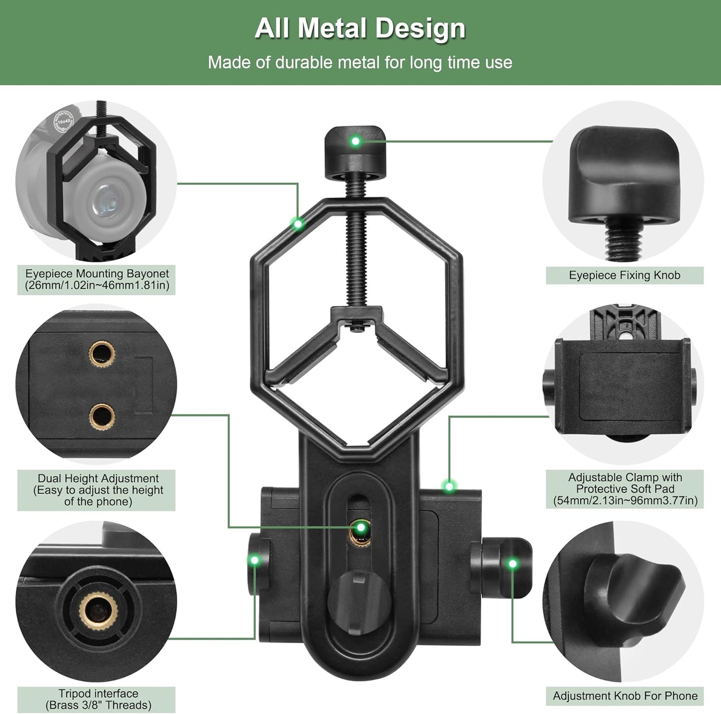 Alstar Universal Cell Phone Adapter Mount Support Binocular Monocular Spotting Scope Telescope and Microscope Optical Device - Black