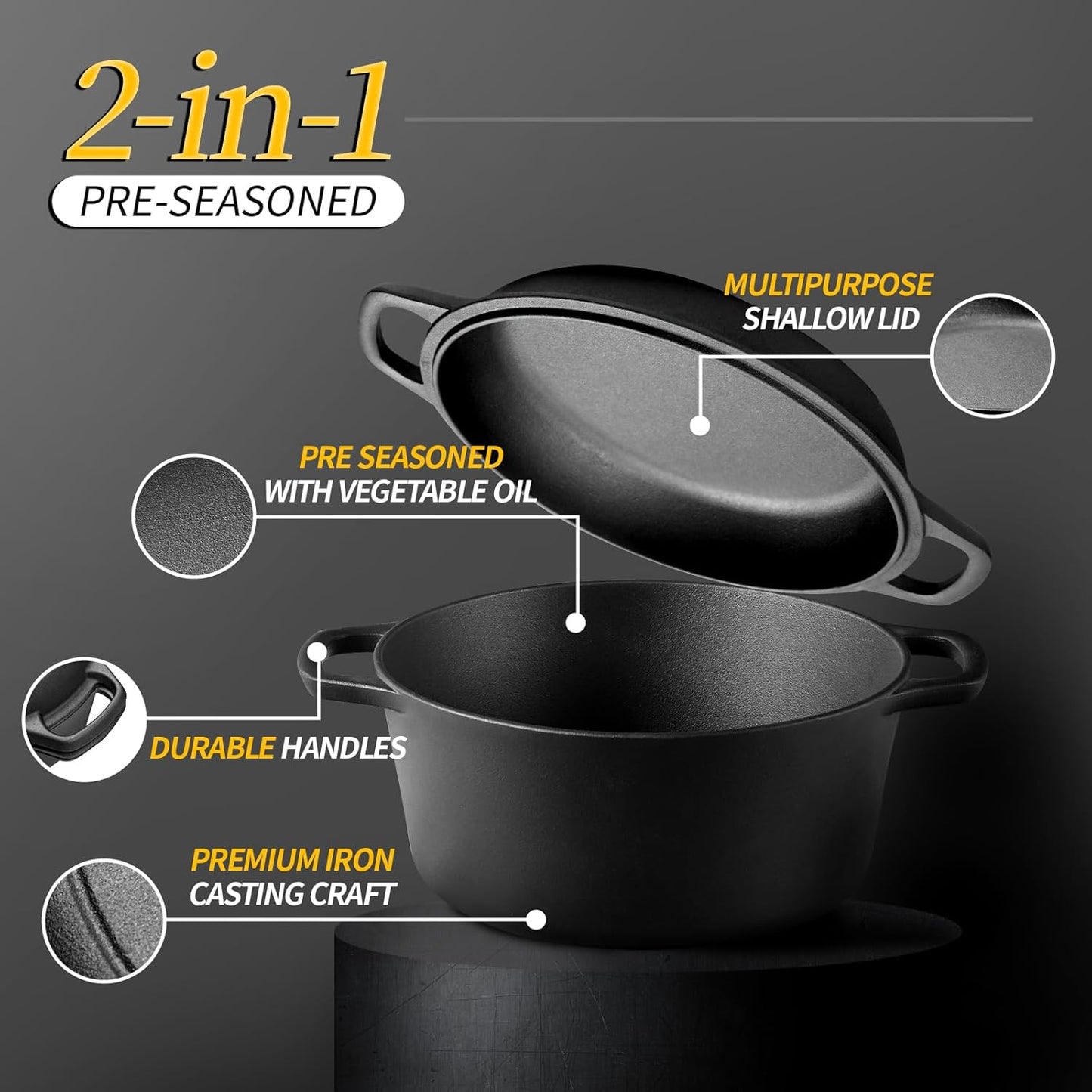 2-in-1 Pre-Seasoned Cast Iron Dutch Oven Pot with Skillet Lid Cooking 