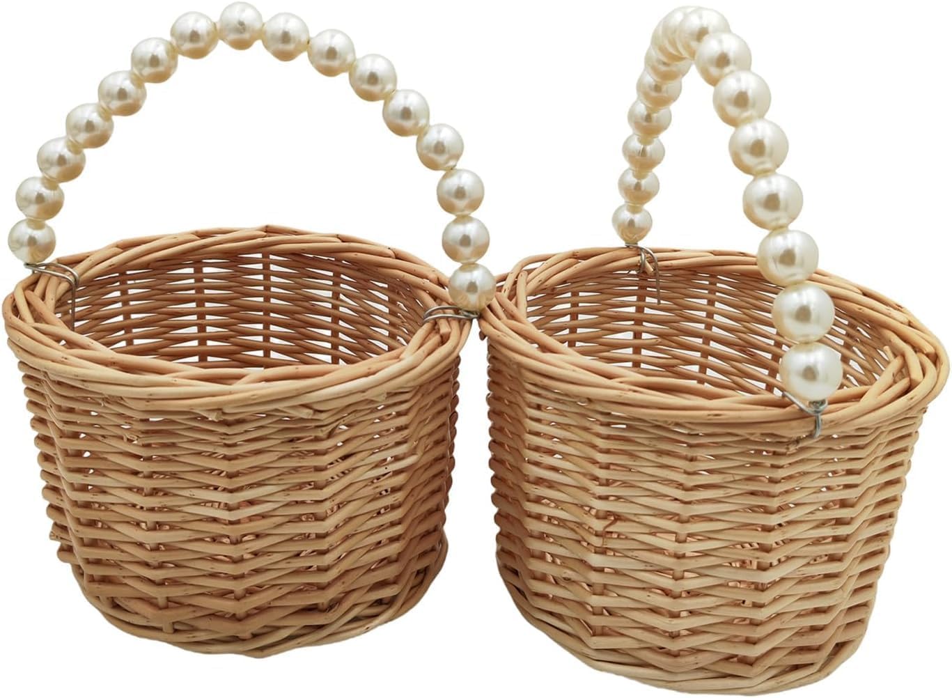 Rustic Wicker Rattan Wedding Flower Girl Baskets,Woven Rattan Storage Basket with Pearl Handles,Woven Eggs Candy Basket for Wedding Home Garden Decor (H1)