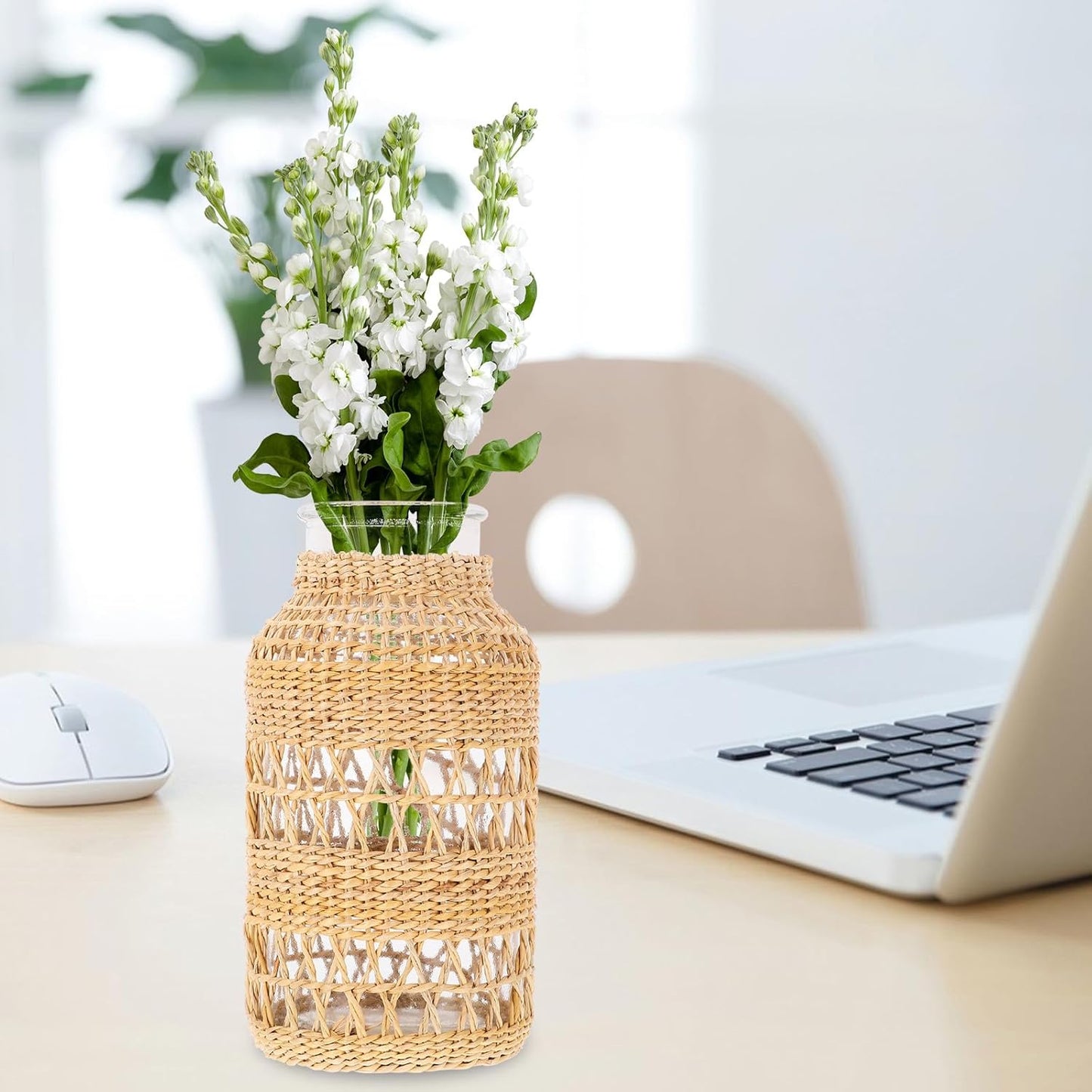 FAVOMOTO Woven Rattan Glass Flower Vase Decorative Table Planter Pot with Seagrass Texture Vintage Style for Home Décor and Office Arrangement