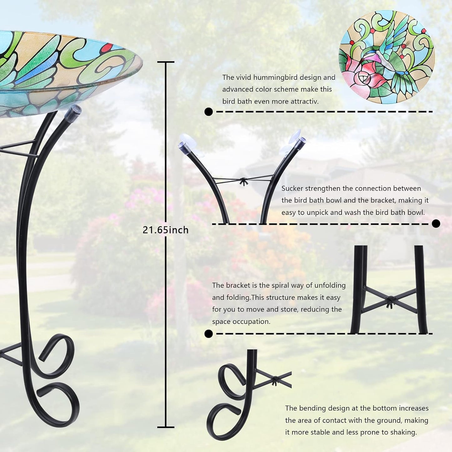 MUMTOP Bird Bath-Bird Baths for Outdoors - Hummingbird Large Bird Bath Bowl with Metal Stand, Glass BirdBaths for The Garden Lawn Yard Decor