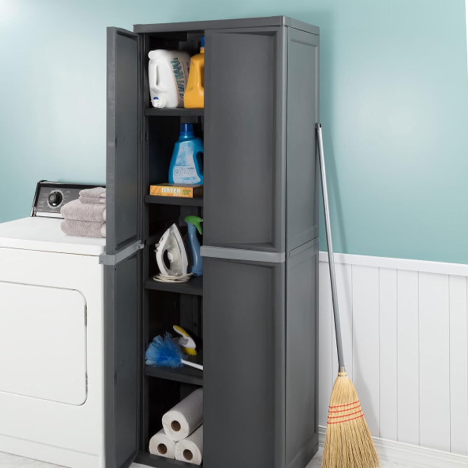 Sterilite 4 Shelf Cabinet, Lockable Utility Storage w/ Adjustable Shel