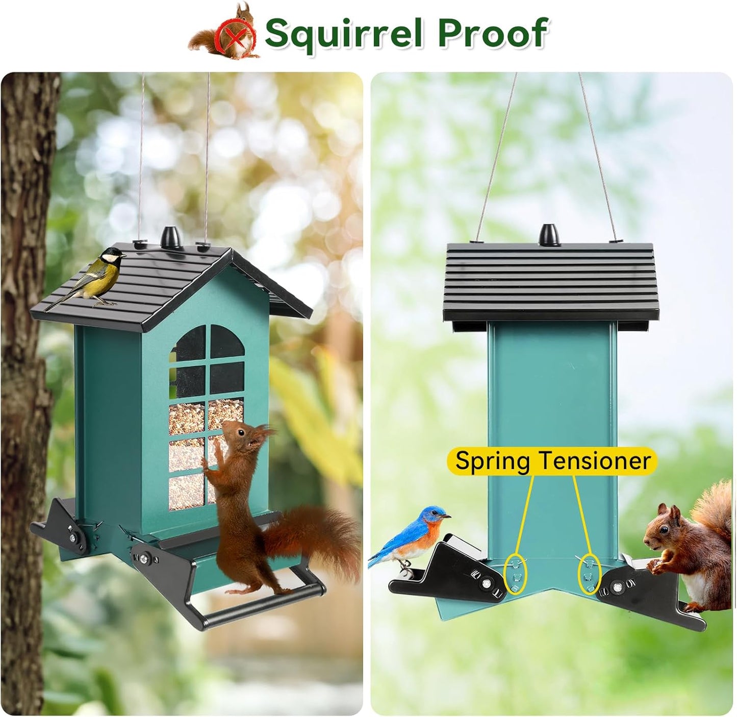 2026 Squirrel Proof Bird Feeder for Outdoors Hanging, 8LBS Metal Hanging Bird Feeder with Bilateral Weight-Activated Perches, Large Capacity Wild Bird Feeder - Squirrel Chewing Proof（Green）