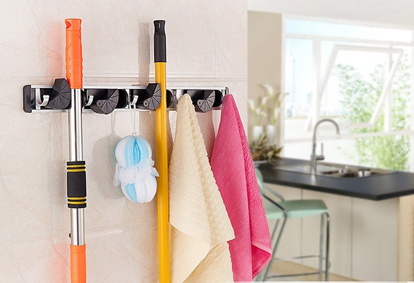 HUJI Wall Mount Broom Clamp Holder 4 Positions Grip Organizer & 5 Hook
